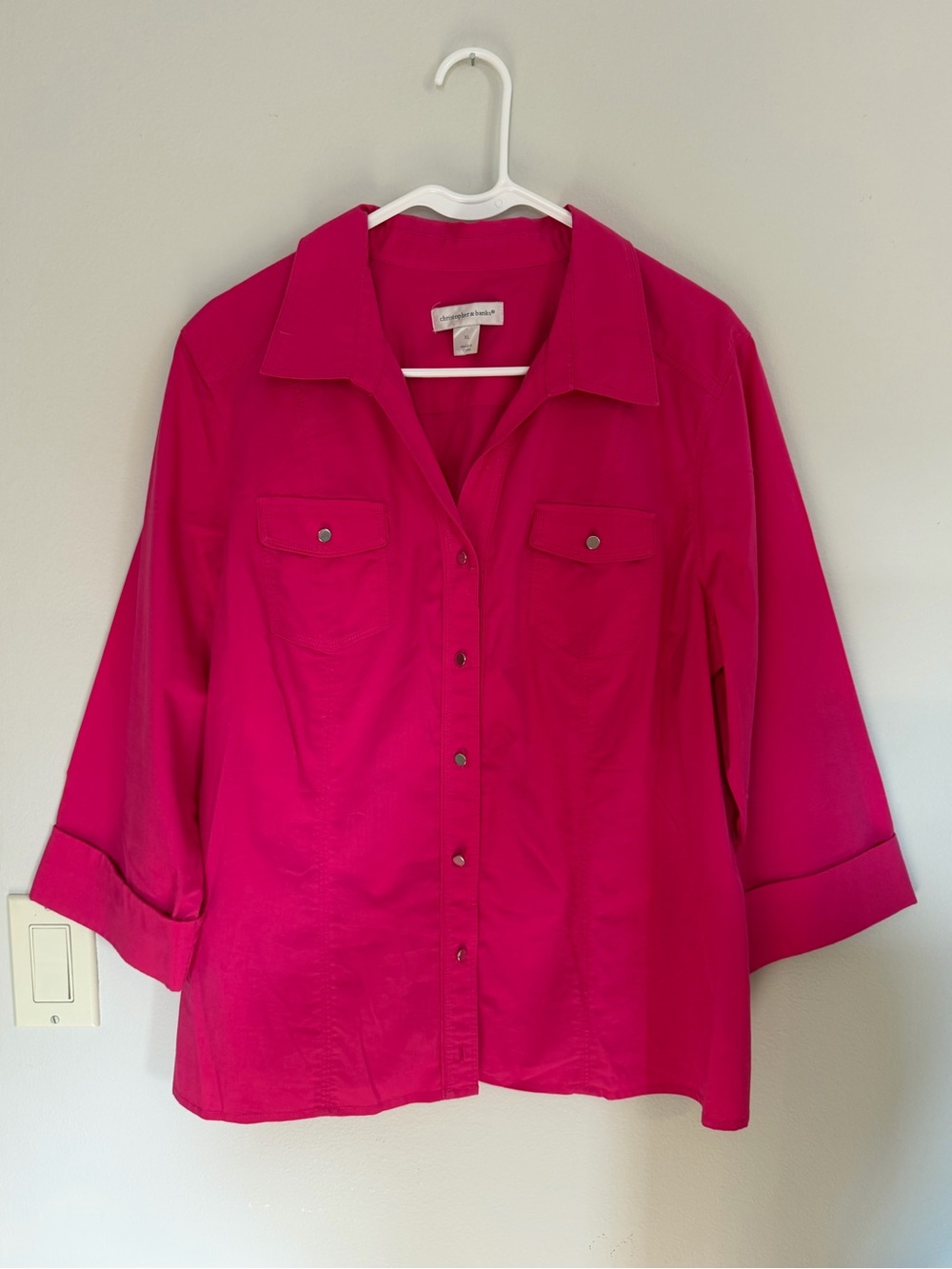 Christopher & Banks XL Bright Pink Button Front Roll Tab Sleeve Shirt